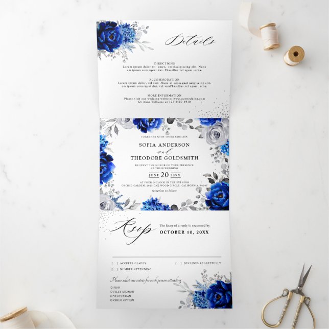 Royal Blue White Silver Metallic Floral Wedding Tr Tri-Fold Announcement (Inside)