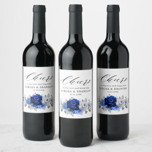 Royal Blue White Silver Metallic Floral Wedding Wi Wine Label