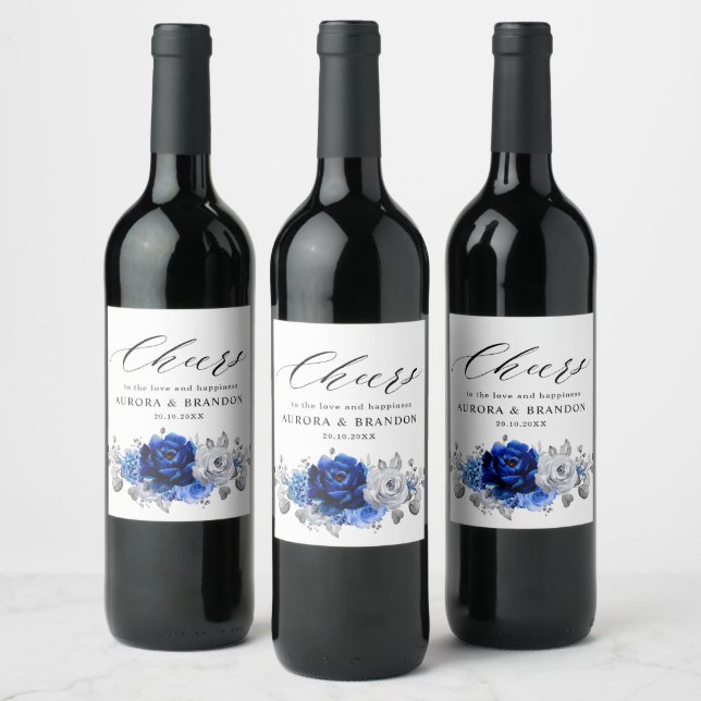 Royal Blue White Silver Metallic Floral Wedding Wi Wine Label (Bottles)