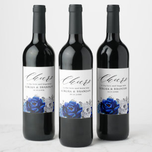 Royal Blue White Silver Metallic Floral Wedding Wine Label
