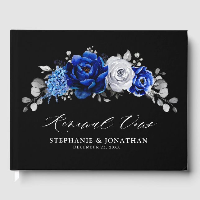 Royal Blue White Silver Metallic Floral wow renew Guest Book (Front)