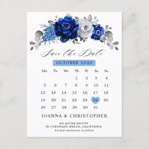Royal Blue White Silver Metallic Save the Date Postcard