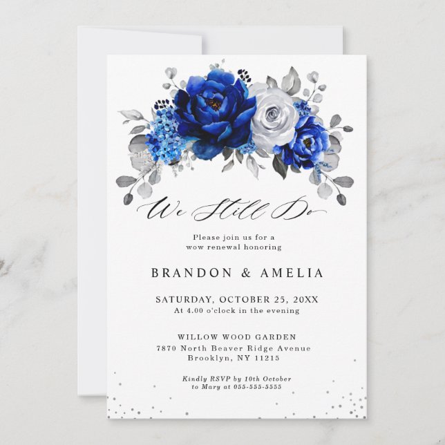Royal Blue White Silver Metallic We still do  Invitation (Front)