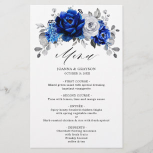 Royal Blue White Silver Metallic Wedding Menu