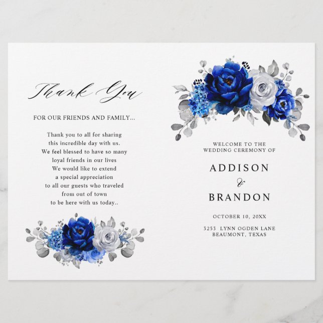 Royal Blue White Silver Metallic Wedding Program (Front)
