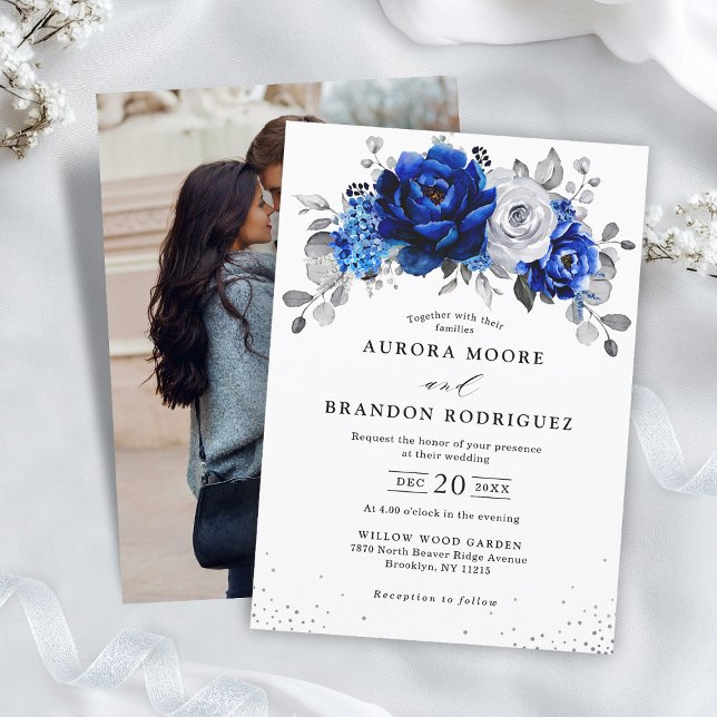 Royal Blue White Silver Photo Floral Wedding Invitation (Royal Blue White Silver Photo Floral Wedding Invitation)