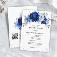 Royal Blue White Silver QR Code Floral Wedding