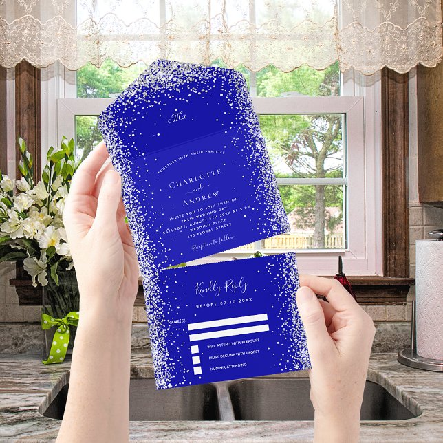 Royal blue white silver rsvp wedding all in one invitation (Creator Uploaded)
