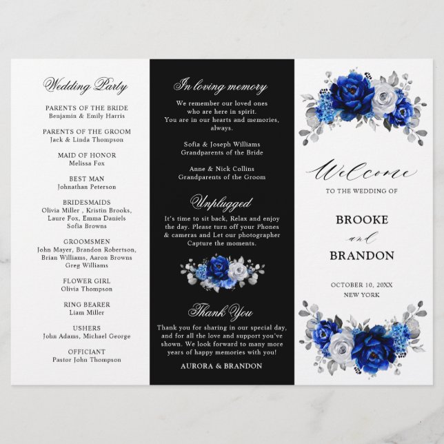 Royal Blue White Silver Tri-fold Wedding Program (Front)