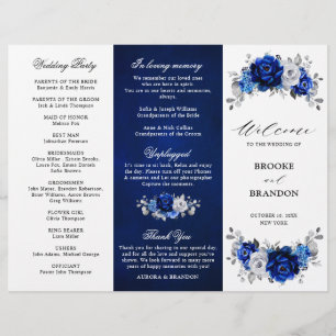 Royal Blue White Silver Tri-fold Wedding Program