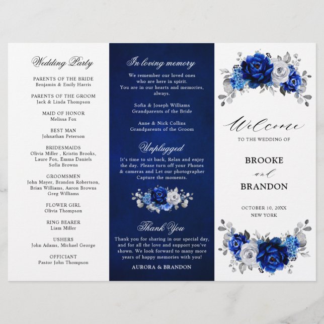 Royal Blue White Silver Tri-fold Wedding Program (Front)