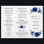 Royal Blue White Silver Tri-fold Wedding Program<br><div class="desc">Elegant royal blue white silver theme wedding program featuring elegant bouquet of royal blue,  Navy,  silver,  pure white colour rose flowers buds and sage green eucalyptus leaves. Please contact me for any help in customisation or if you need any other product with this design.</div>