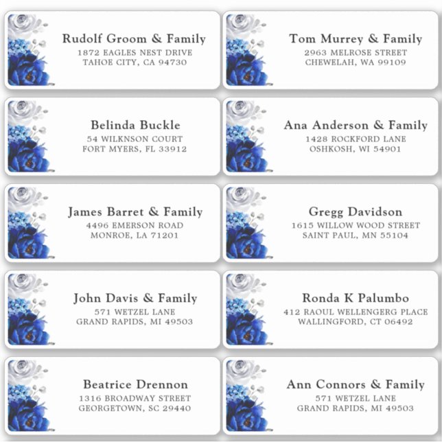 Royal Blue White Silver Wedding Guest Address Stic (Front)