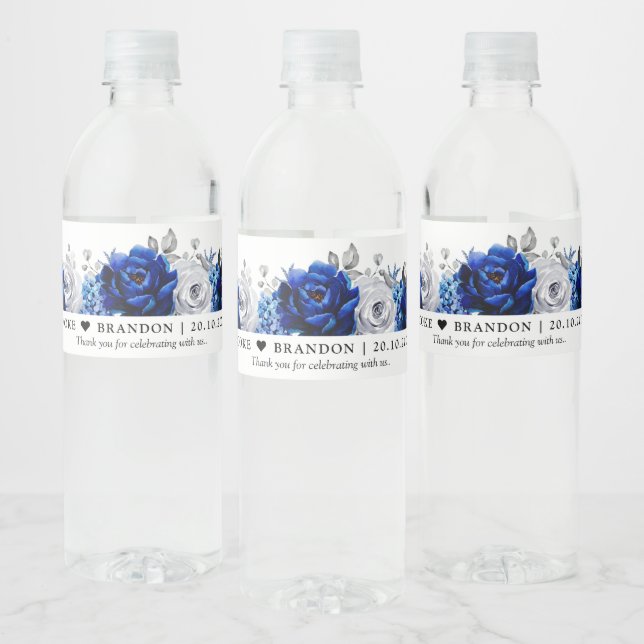Royal Blue White Silver  Wedding Water Bottle Water Bottle Label (Bottles)
