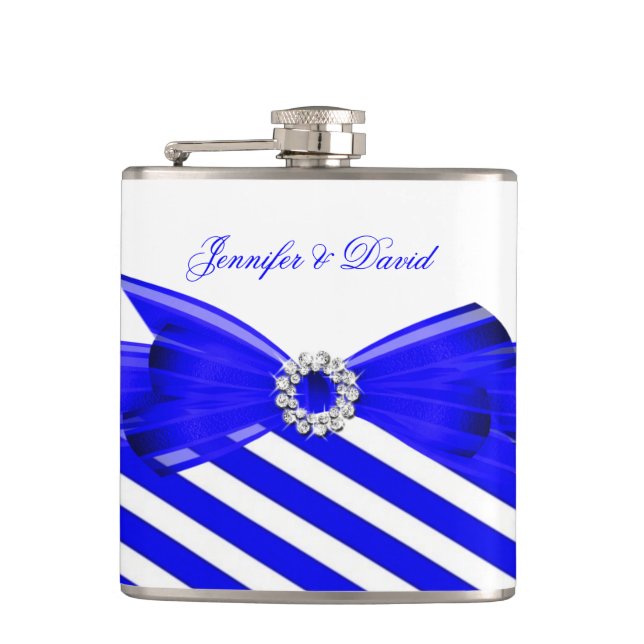 Royal Blue White Stripe Wedding Engagement Hip Flask (Front)
