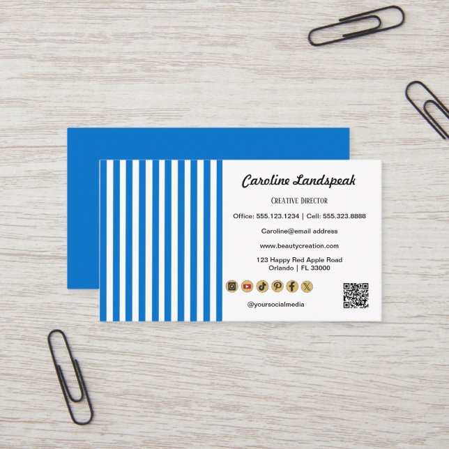Royal Blue White Stripes QR Code Social Media Icon Business Card (Front/Back In Situ)