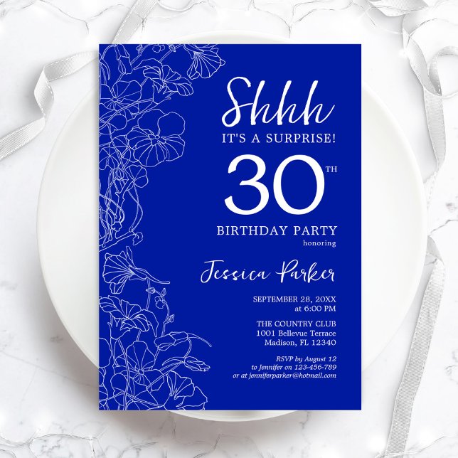 Royal Blue White Surprise 30th Birthday Invitation (Creator Uploaded)