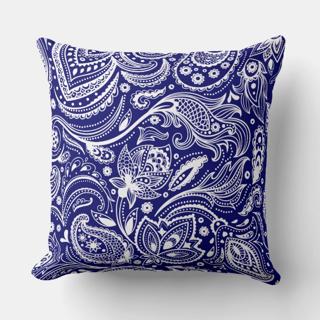 Royal Blue & White Vintage Floral Paisley Cushion (Front)