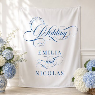 Royal Blue & White Wedding Welcome Sign Tapestry