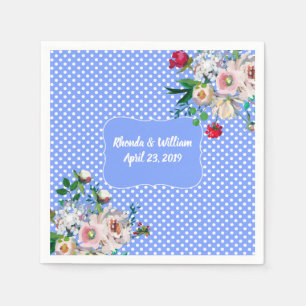 Royal Blue with White Dots and Flowers Wedding Napkin