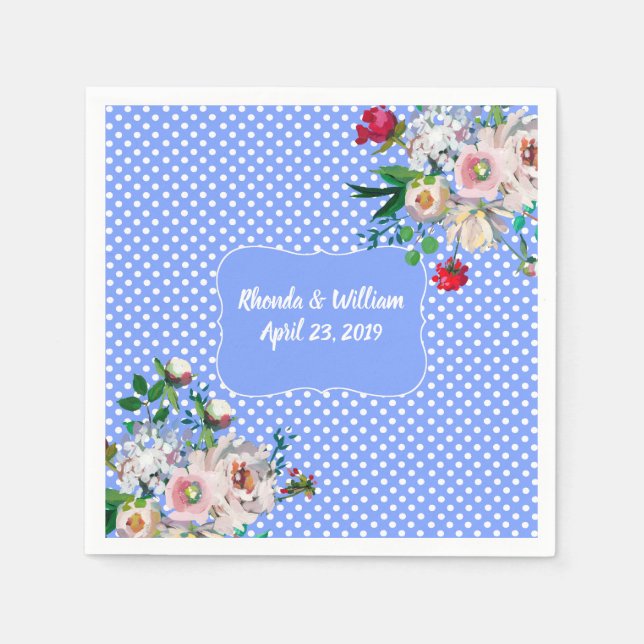 Royal Blue with White Dots and Flowers Wedding Napkin (Front)