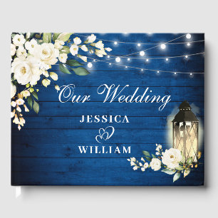Royal Blue Wood White Roses Floral Rustic Wedding Guest Book