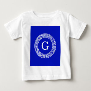 Royal Blue Wt Greek Key Rnd Frame Initial Monogram Baby T-Shirt