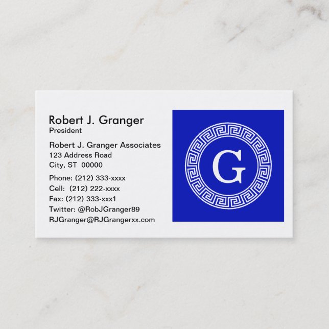 Royal Blue Wt Greek Key Rnd Frame Initial Monogram Business Card (Front)