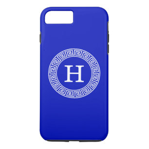 Royal Blue Wt Greek Key Rnd Frame Initial Monogram iPhone 8 Plus/7 Plus Case