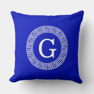 Royal Blue Wt Greek Key Rnd Frame Initial Monogram Cushion