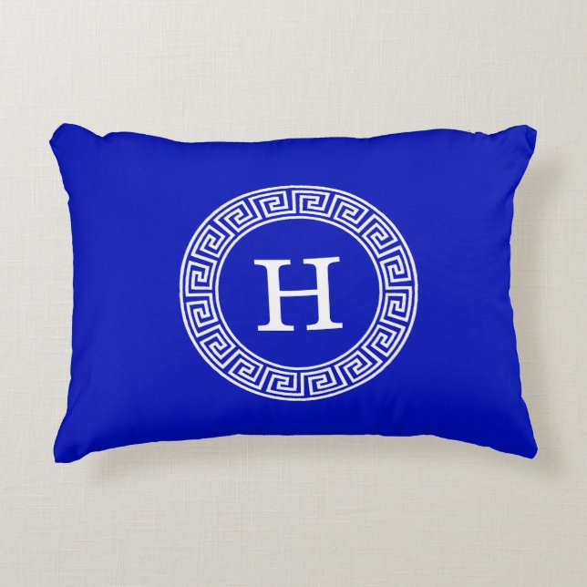 Royal Blue Wt Greek Key Rnd Frame Initial Monogram Decorative Cushion (Front)