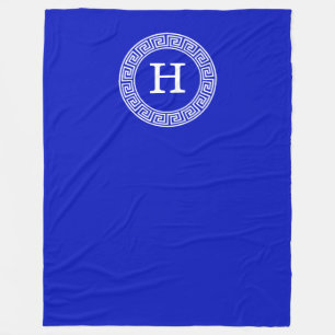 Royal Blue Wt Greek Key Rnd Frame Initial Monogram Fleece Blanket