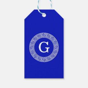 Royal Blue Wt Greek Key Rnd Frame Initial Monogram Gift Tags