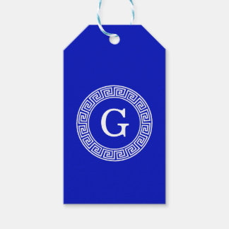 Royal Blue Wt Greek Key Rnd Frame Initial Monogram Gift Tags