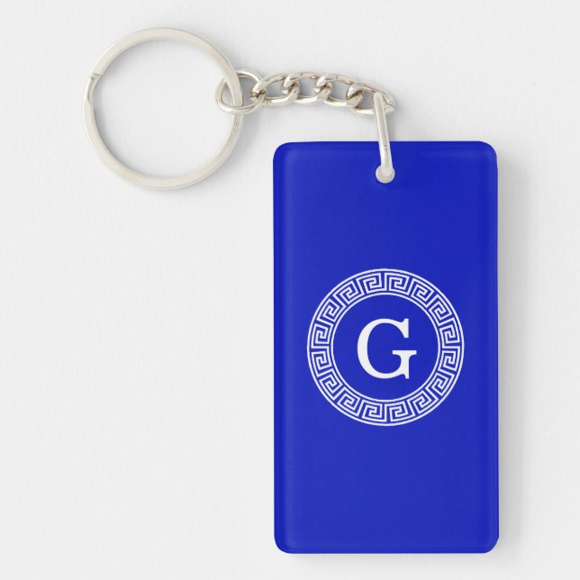 Royal Blue Wt Greek Key Rnd Frame Initial Monogram Key Ring (Front)