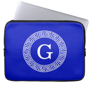 Royal Blue Wt Greek Key Rnd Frame Initial Monogram Laptop Sleeve