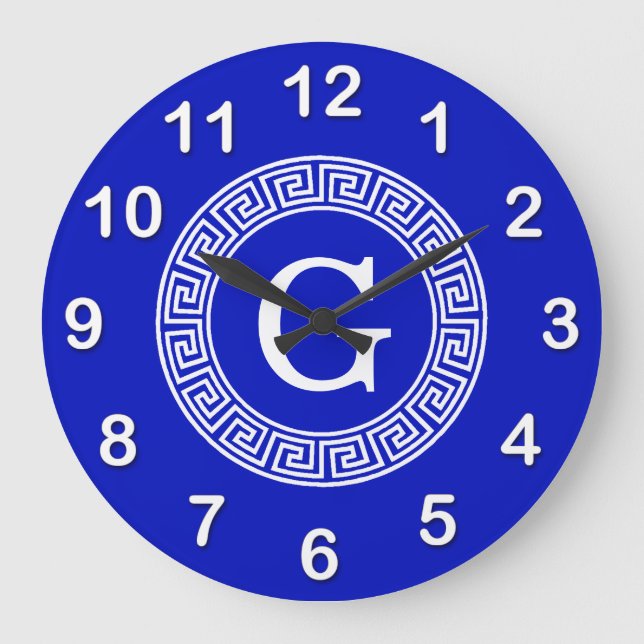 Royal Blue Wt Greek Key Rnd Frame Initial Monogram Large Clock (Front)
