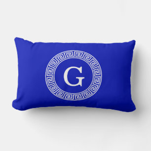 Royal Blue Wt Greek Key Rnd Frame Initial Monogram Lumbar Cushion