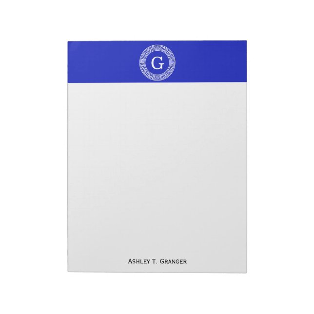 Royal Blue Wt Greek Key Rnd Frame Initial Monogram Notepad (Rotated)