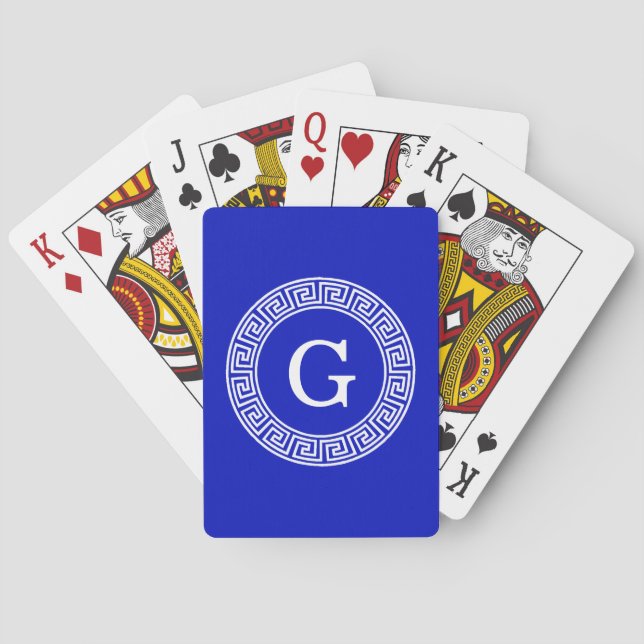 Royal Blue Wt Greek Key Rnd Frame Initial Monogram Playing Cards (Back)