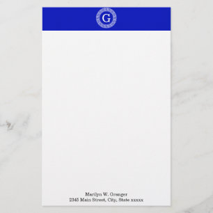 Royal Blue Wt Greek Key Rnd Frame Initial Monogram Stationery
