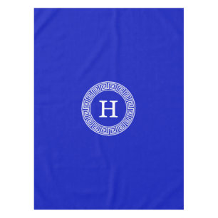Royal Blue Wt Greek Key Rnd Frame Initial Monogram Tablecloth