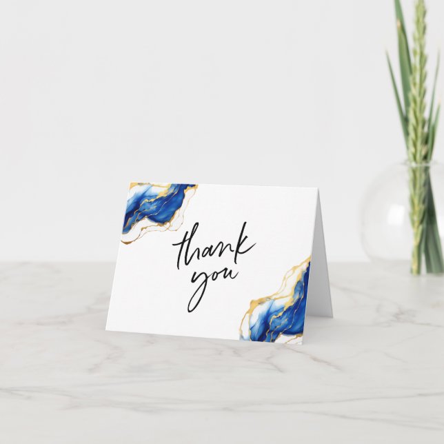 Royal Blue Yellow Gold Alcohol Ink Modern Script Thank You Card (Front)