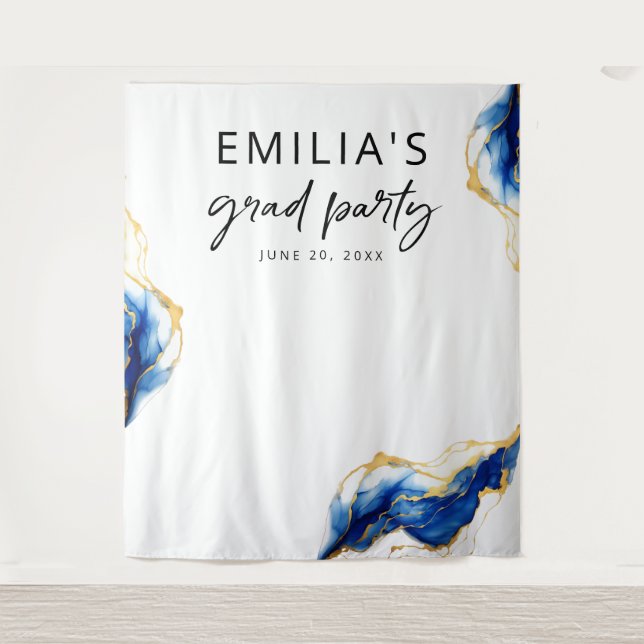 Royal Blue Yellow Gold Elegant Graduation Backdrop Tapestry (Front)