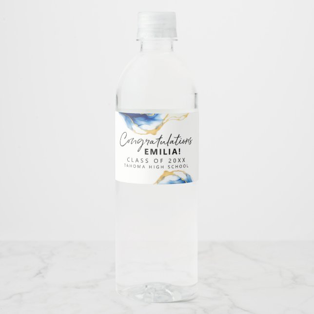 Royal Blue Yellow Gold Elegant Graduation Water Bottle Label (Front)