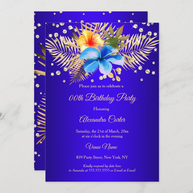 Royal blue Yellow gold floral Birthday Party Invitation (Front/Back)