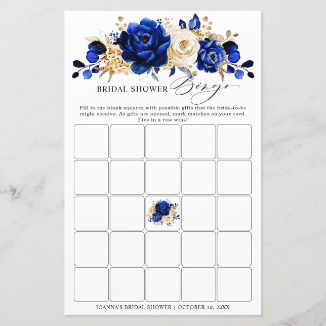 Royal Blue Yellow Gold Floral Bridal Shower Bingo (Front)