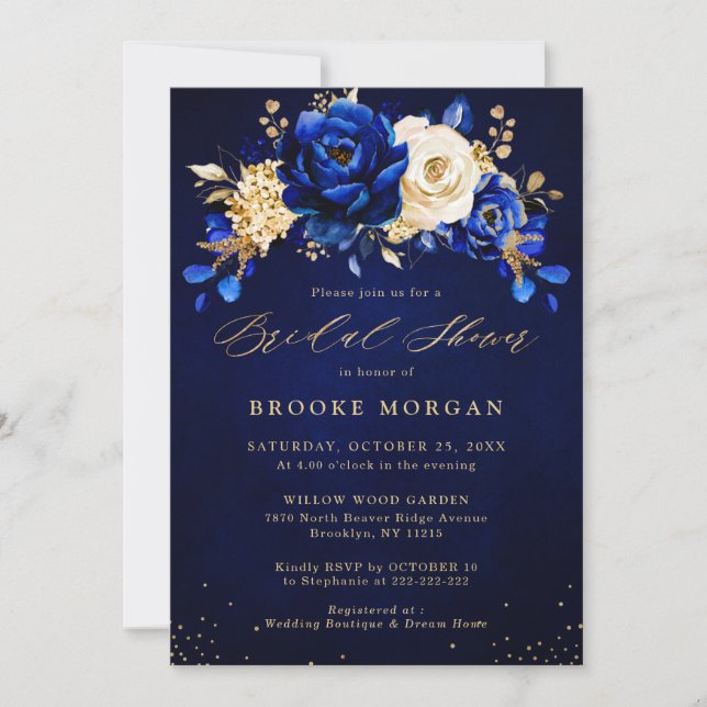 Royal Blue Yellow Gold Floral Bridal Shower Invita Invitation (Front)
