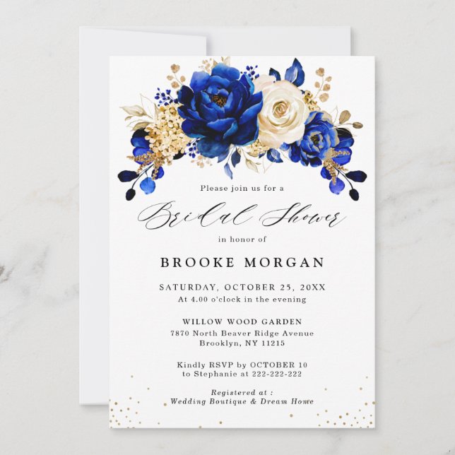 Royal Blue Yellow Gold Floral Bridal Shower Invitation (Front)