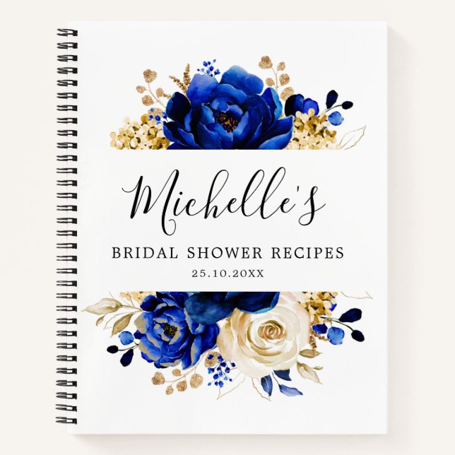 Royal Blue Yellow Gold Floral Bridal Shower Notebook (Front)